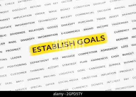 The words 'Establish goals' is highlighted with a marker on paper. Business concept, strategy, planning, success Stock Photo