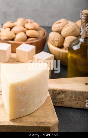 Flatlay composition with products rich in vitamin D on dark table. Diet concept. from above. Stock Photo