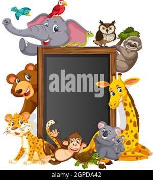 Blackboard template design with giraffe and elephant in the park ...