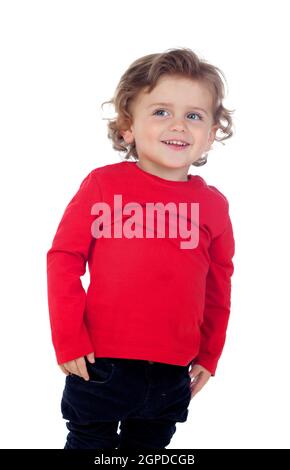 Beautiful little child two years old with red jersey smiling isolated on a white background Stock Photo