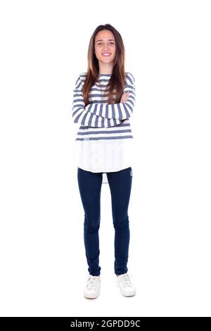 Teenager girl with striped t-shirt and her arms crossed isolated on a white background Stock Photo