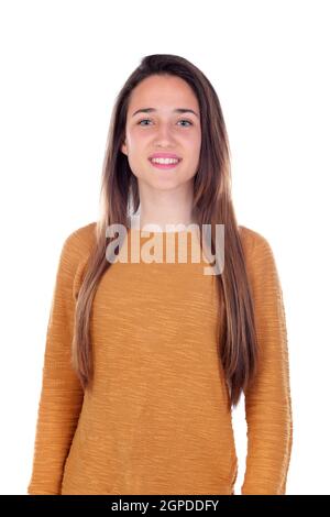 Happy teenger girl with sixteen years old looking at camera isolated on a white background Stock Photo