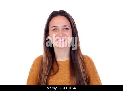 Happy teenger girl with sixteen years old looking at camera isolated on a white background Stock Photo