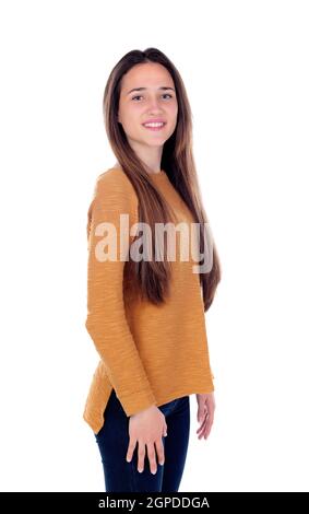 Happy teenger girl with sixteen years old looking at camera isolated on a white background Stock Photo