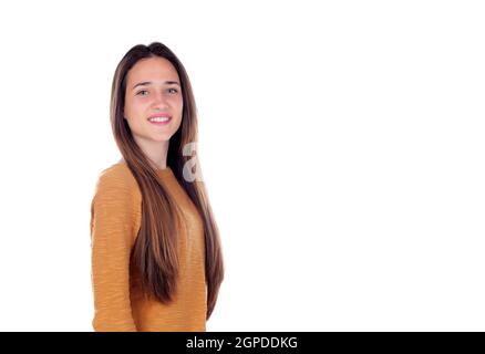 Happy teenger girl with sixteen years old looking at camera isolated on a white background Stock Photo