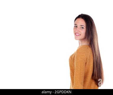 Happy teenger girl with sixteen years old looking at camera isolated on a white background Stock Photo