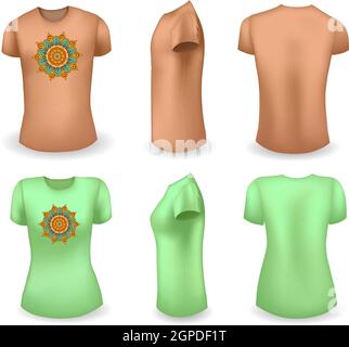 Brown male and green female t shirt realistic template with mandala. Front, side and back view. Vector Stock Vector