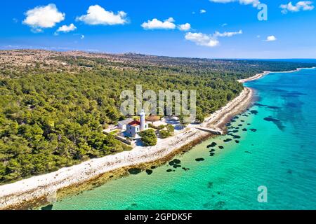 Island of Vir archipelago lighthouse and beach aerial panoramic view, Dalmatia region of Croatia Stock Photo