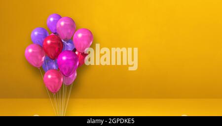 Pink balloons bunch on a yellow wall background. Horizontal banner. 3D ...