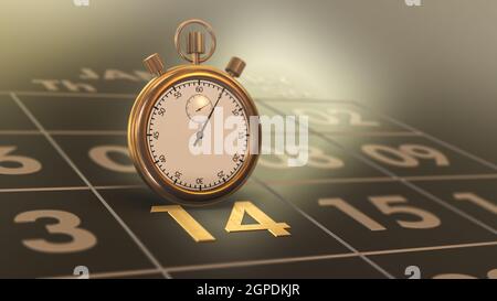 close-up of an elegant calendar with a stopwatch, concept of appointment or deadline (3d render) Stock Photo
