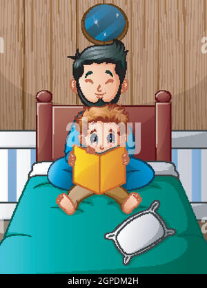 Father and his son reading a book in bed Stock Vector