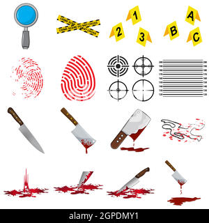 Murder icon set. Crime symbol collection. Contains murderer investigation and bloody knife elements. Forensic illustrations isolated on white background. Stock Vector