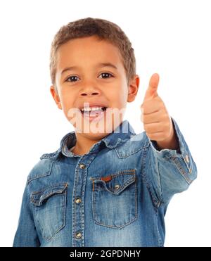 Funny small child saying Ok isolated on white background Stock Photo