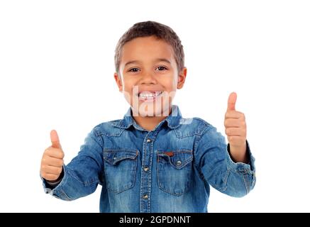 Funny small child saying Ok isolated on white background Stock Photo