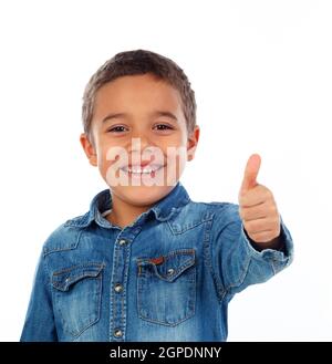 Funny small child saying Ok isolated on white background Stock Photo