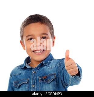 Funny small child saying Ok isolated on white background Stock Photo