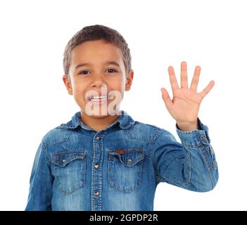 Adorable child counting with his fingers isolated on a white background Stock Photo