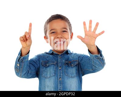 Adorable child counting with his fingers isolated on a white background Stock Photo