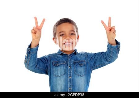 Adorable child counting with his fingers isolated on a white background Stock Photo