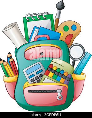 Premium Vector  School bag with student education supplies of welcome back  to school. backpack with books, calculator and globe, paint, brush and  flasks, scissors, glue and alarm clock, glue and ball