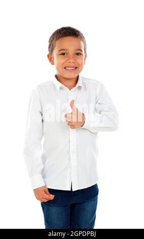 Funny small child saying Ok isolated on white background Stock Photo