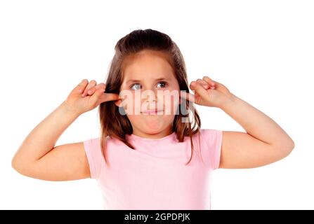 Small child covering his ears isoalted on a white background Stock Photo