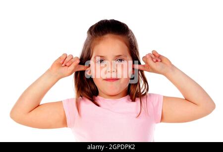 Small child covering his ears isoalted on a white background Stock Photo