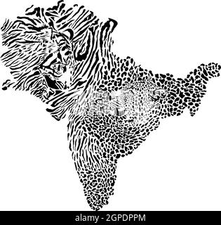Map of Indian subcontinent with tiger and leopard background Stock Vector