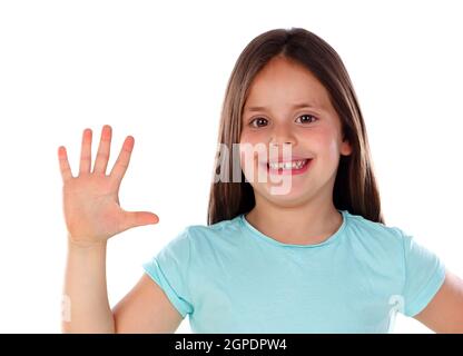 Adorable child girl counting with his fingers isolated on a white background Stock Photo