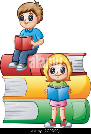 Happy school children with big books Stock Vector