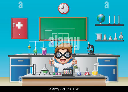 Scientist boy in laboratory research with chemical glassware Stock Vector