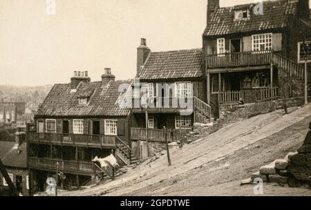 Washing flaps on line outside houses on Boulby Bank in Whitby in July 1926 Stock Photo