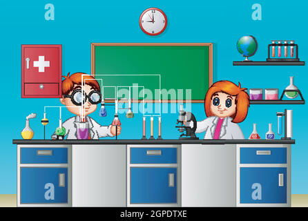 Kids doing chemical experiment in the lab Stock Vector