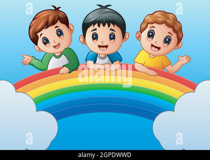 Happy kids on rainbow illustration Stock Vector Image & Art - Alamy