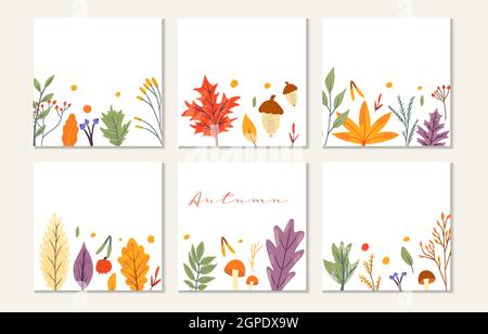 Banner template decorated with autumn trendy elements and text. falling leaves berry and mushroom. Scrapbook set for season cards . Flat natural vecto Stock Vector
