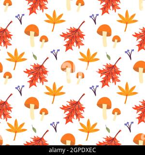 Seamless pattern with mushroom and leaves of maple, oak, ash. Autumn background template decorated with trendy elements. Flat natural vector illustrat Stock Vector