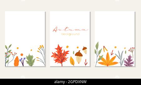 Banner template decorated with autumn trendy elements and text. falling leaves berry and mushroom. Scrapbook set for season cards . Flat natural vecto Stock Vector