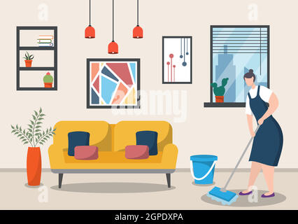 Cleaning Service Concept. Vector Flat Design Cartoon Illustration Stock Vector