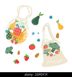 Cotton eco shopping net with vegetables, fruits and healthy drinks. Dairy food in reusable eco friendly shopper bag. Zero waste, plastic free concept. Stock Vector