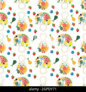 Seamless pattern of cotton eco shopping net with vegetables, fruits and healthy drinks. Dairy food in reusable eco friendly shopper bag. Zero waste. F Stock Vector