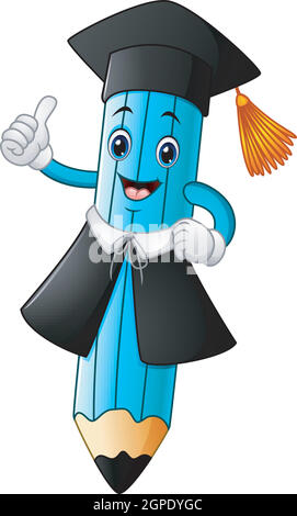 A pencil cartoon wearing a graduation cap with giving thumbs up Stock Vector