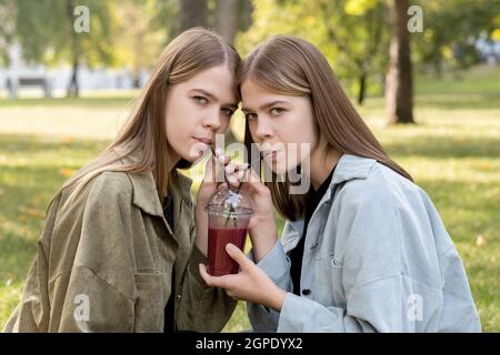 Blond twin girls drinking juice or fruit cocktail through straws while relaxing in park Stock Photo