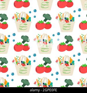 Seamless pattern of cotton eco shopping net with vegetables, fruits and healthy drinks. Dairy food in reusable eco friendly shopper bag. Zero waste. F Stock Vector