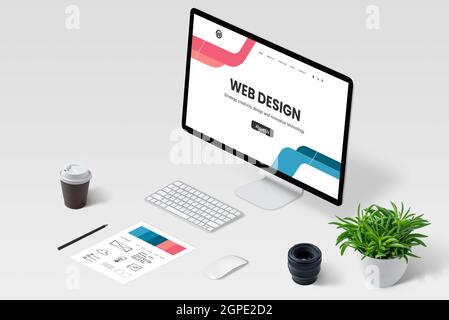 Isometric view of web designer work desk with computer display and modern web page concept. Stock Photo