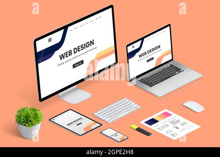 Responsive web design studio page presentation concept. Isometric view of designer work desk with computer display, laptop, tablet, and smart phone. Stock Photo