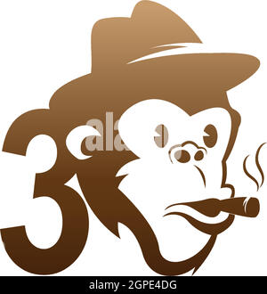 Monkey head icon logo with number 3 template design Stock Vector