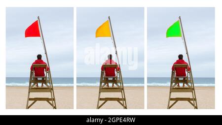 Three option in the beach. The lifeguard sitting with three different flags Stock Photo