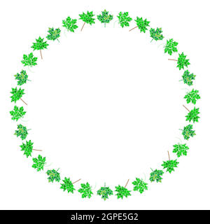 Maple leaf circle frame. Green abstract round border. Spring leaves made by circles. Vector design for springtime banner or background. Stock Vector