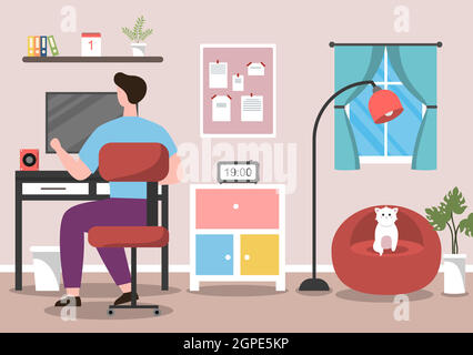 Vector Illustration People During Quarantine from coronavirus Works on Laptops and Computers at Home or Workplace .Remotely. Flat Style Design Stock Vector