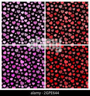 Valentines heart background. Lovely seamless pattern set with heart shapes on black background. Vector backdrop in eps 10 format. Stock Vector